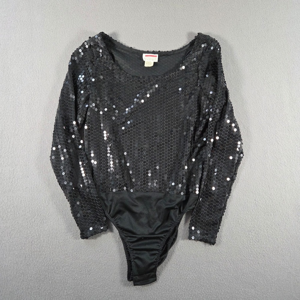Vintage Moda International Top Womens Small Black Sequin Bodysuit Made USA